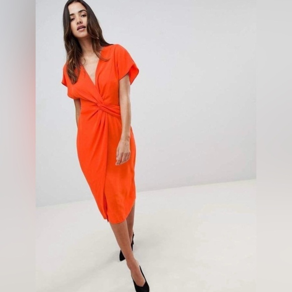 NWT Women's Stunning ASOS Orange Twist Midi Dress With Kimono Sleeve Size 0